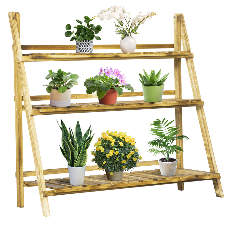 Suporte para Plantas de Madeira de 3 Níveis Prateleira Dobrável com Base de Ripas Suporte para Vasos para Interior e Exterior, Terraço e Jardim 100x37x93 cm Carbonizado
