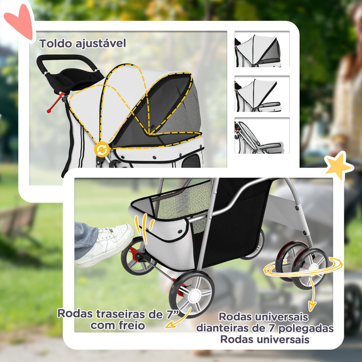 Carrinho Dobrável para Cães, Coche para Cães Pequenos com Cesta de Armazenamento, Janelas de Rede, Porta-copos, Rodas de EVA, Almofada Lavável, Travões, Suporte até 10 kg, 77x44x102 cm, Cinzento