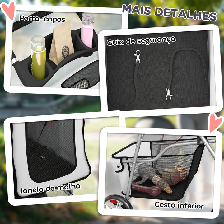Carrinho Dobrável para Cães, Coche para Cães Pequenos com Cesta de Armazenamento, Janelas de Rede, Porta-copos, Rodas de EVA, Almofada Lavável, Travões, Suporte até 10 kg, 77x44x102 cm, Cinzento