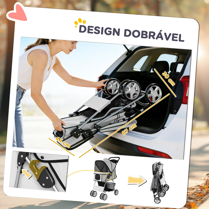 Carrinho Dobrável para Cães, Coche para Cães Pequenos com Cesta de Armazenamento, Janelas de Rede, Porta-copos, Rodas de EVA, Almofada Lavável, Travões, Suporte até 10 kg, 77x44x102 cm, Cinzento