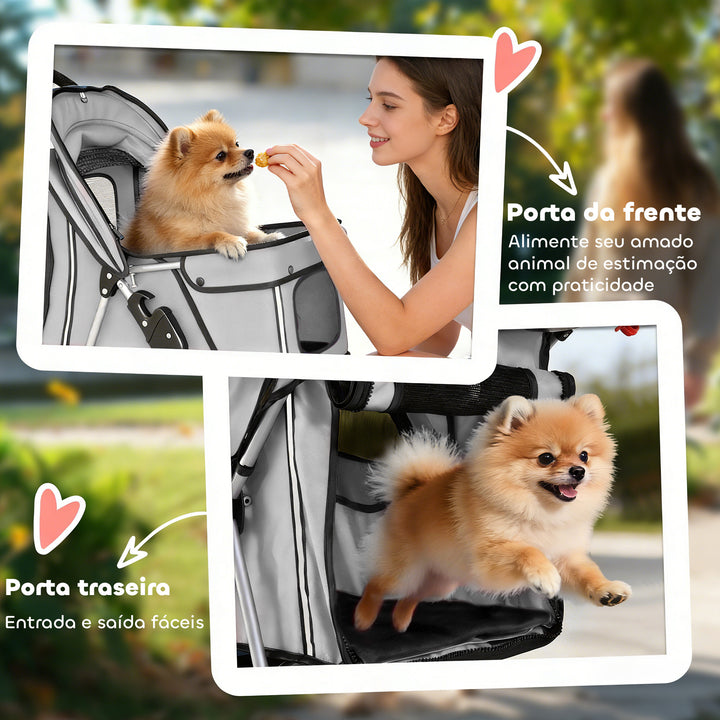 Carrinho Dobrável para Cães, Coche para Cães Pequenos com Cesta de Armazenamento, Janelas de Rede, Porta-copos, Rodas de EVA, Almofada Lavável, Travões, Suporte até 10 kg, 77x44x102 cm, Cinzento
