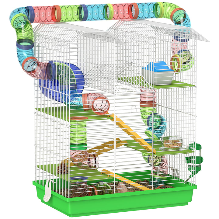 Gaiola para Hamster de 5 Níveis 47x30x59 cm Casa para Animais Pequenos com Túneis Tigela Bebedouro Casinha Roda de Exercício Rampas para Hamsters e Gerbos Verde