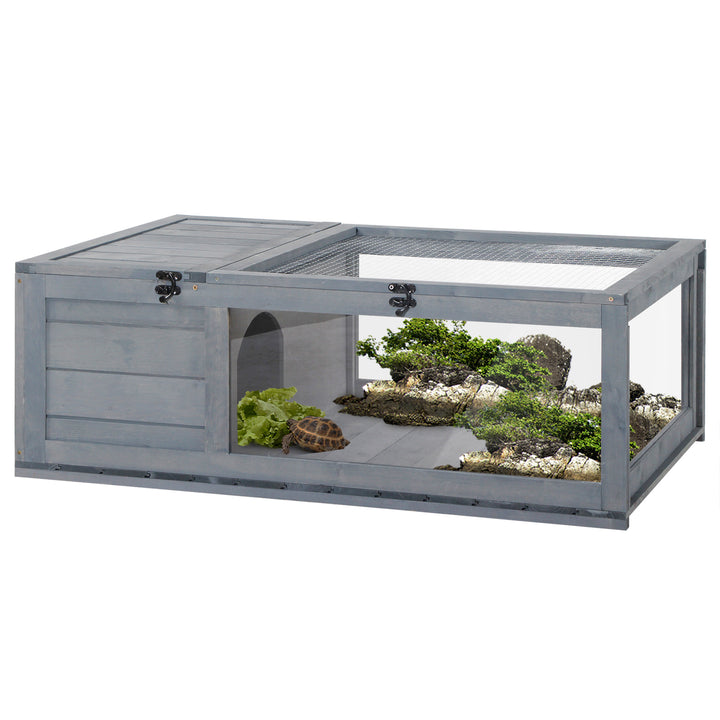 Casa para Tartarugas de Madeira Terrario para Reptéis com Teto de Malha Painéis Laterais Transparentes e Trava de Segurança 91x60,5x32 cm Cinza