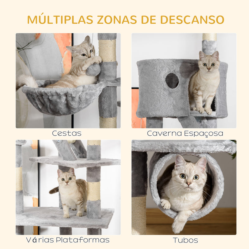 Arranhador para Gatos do Chão ao Teto de 240-260 cm Arranhador para Gatos com Altura Ajustável Múltiplas Plataformas Caverna e Rampas Cinza