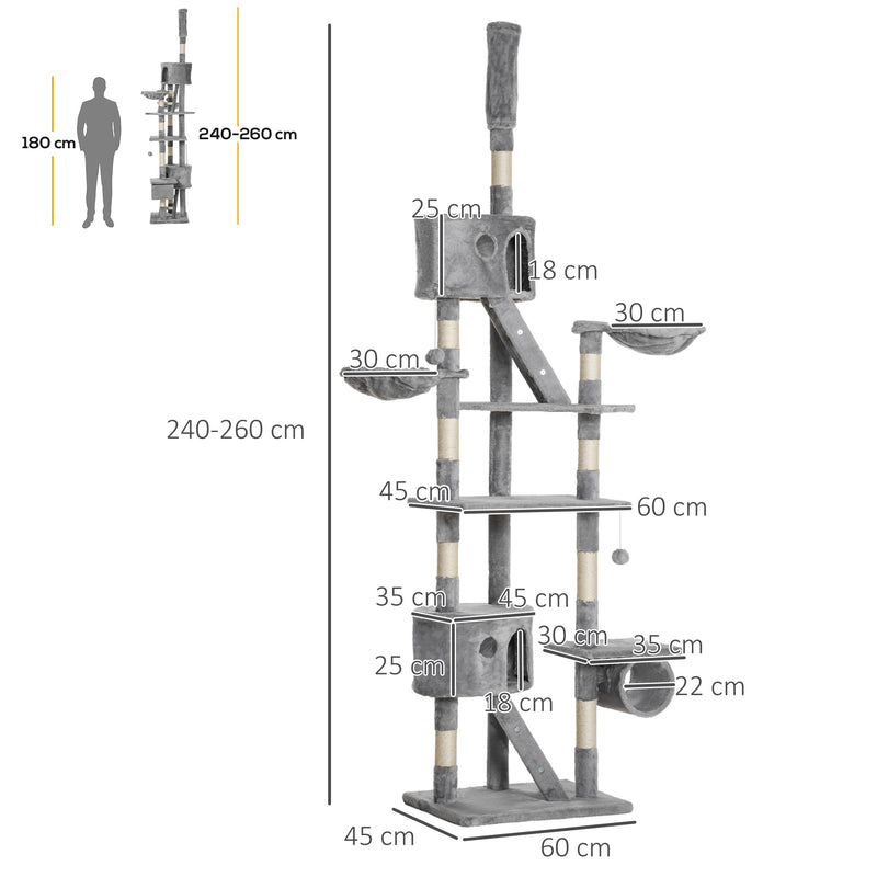 Arranhador para Gatos do Chão ao Teto de 240-260 cm Arranhador para Gatos com Altura Ajustável Múltiplas Plataformas Caverna e Rampas Cinza