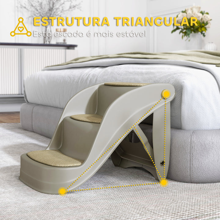 Escada para Cães de 3 Degraus Dobrável Escada de Plástico para Animais de Estimação com Tapetes Antiderrapantes para Cama Sofá Carga 15 kg 49x38x38 cm Cinzento