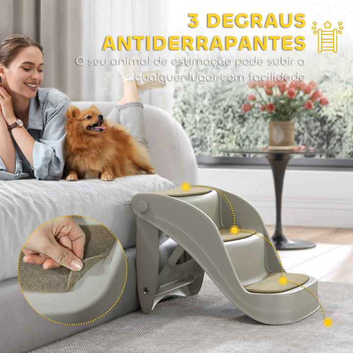 Escada para Cães de 3 Degraus Dobrável Escada de Plástico para Animais de Estimação com Tapetes Antiderrapantes para Cama Sofá Carga 15 kg 49x38x38 cm Cinzento