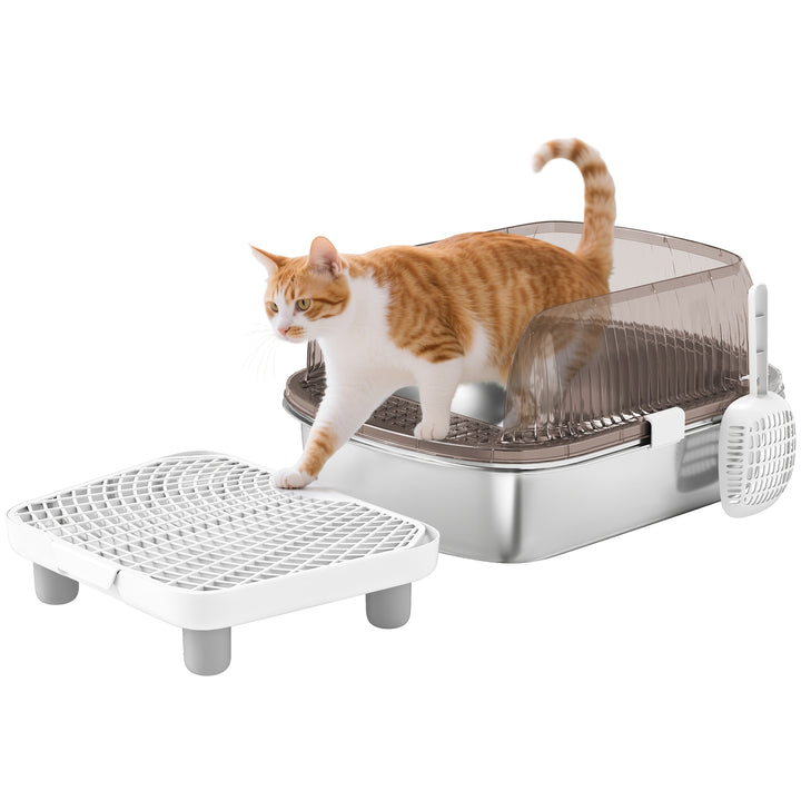 Caixa de Areia para Gatos Coberto Extra Grande Caixa de Areia Fechada com Bandejaem Aço Inoxidável Bordas Altas Pá Degrau Zona para Queda de Areia para Gatos Grandes 53x42x27 cm Cinzento