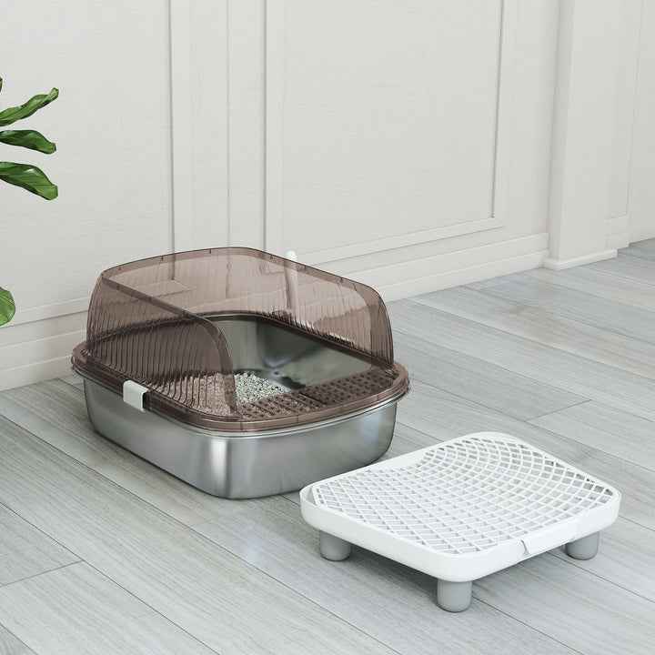 Caixa de Areia para Gatos Coberto Extra Grande Caixa de Areia Fechada com Bandejaem Aço Inoxidável Bordas Altas Pá Degrau Zona para Queda de Areia para Gatos Grandes 53x42x27 cm Cinzento
