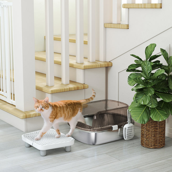 Caixa de Areia para Gatos Coberto Extra Grande Caixa de Areia Fechada com Bandejaem Aço Inoxidável Bordas Altas Pá Degrau Zona para Queda de Areia para Gatos Grandes 53x42x27 cm Cinzento
