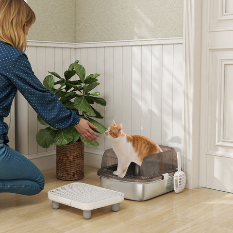 Caixa de Areia para Gatos Coberto Extra Grande Caixa de Areia Fechada com Bandejaem Aço Inoxidável Bordas Altas Pá Degrau Zona para Queda de Areia para Gatos Grandes 53x42x27 cm Cinzento