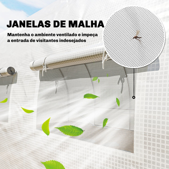 Estufa de Exterior 6x3x2 m Túnel de Cultivo com Porta de Dobradiças Janelas com Rede Cobertura de PE 140g/m² e Estrutura de Aço Galvanizado Anti-UV Impermeável para Cultivo Branco