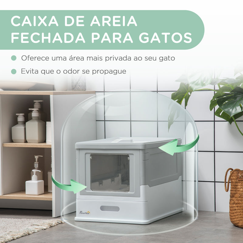 Caixa de Areia para Gatos Dobrável Caixa de Areia para Gatos Fechada com Cobertura Desmontável Bandeja Removível Teto Rebatível Porta de Entrada e Pá 47,5x35,5x36,7cm Cinza