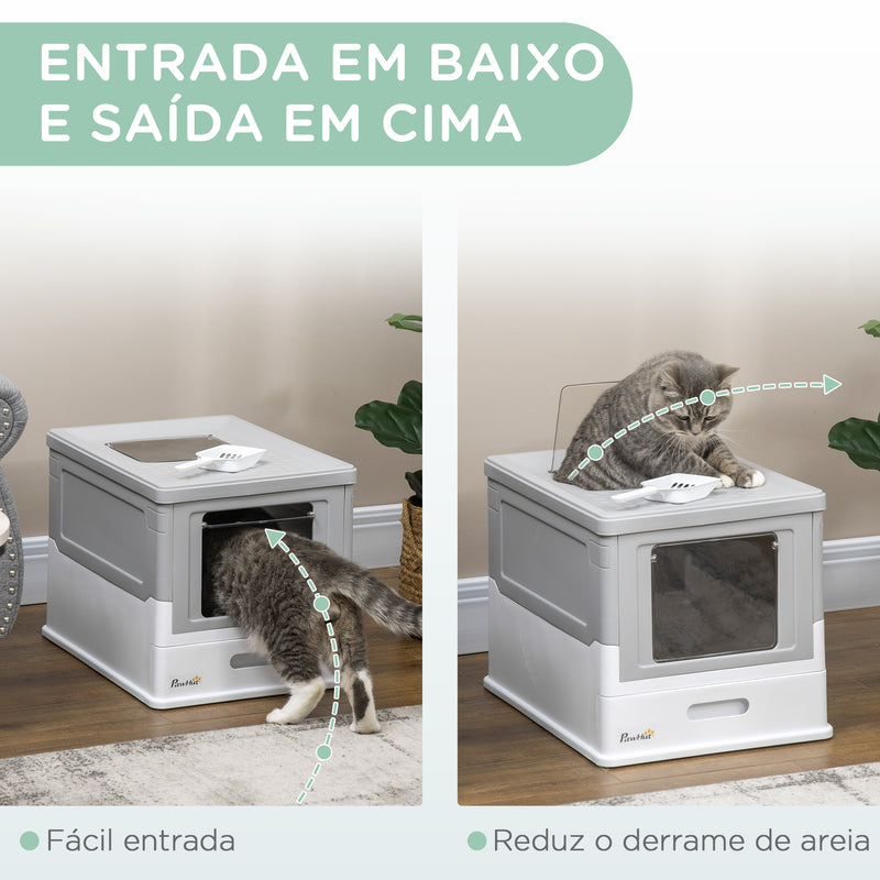 Caixa de Areia para Gatos Dobrável Caixa de Areia para Gatos Fechada com Cobertura Desmontável Bandeja Removível Teto Rebatível Porta de Entrada e Pá 47,5x35,5x36,7cm Cinza