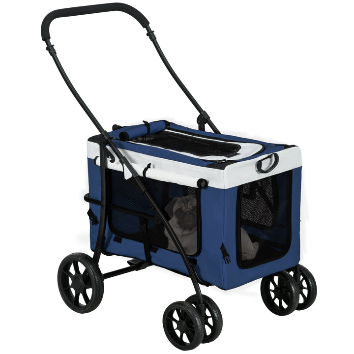 Carrinho para Animais de Estimação Carrinho para Cães Dobrável com Compartimento Desmontável 4 Portas com Fecho de Correr 2 Correias de Segurança e de Transporte 81x58x97,5 cm Azul