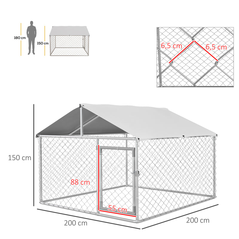 Canil de Exterior para Cães Médios Gaiola para Cães com Fechadura Estrutura de Aço Toldo Impermeável e Anti-UV 200x200x150 cm Prata