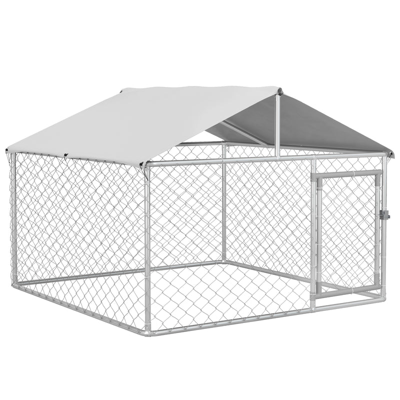 Canil de Exterior para Cães Médios Gaiola para Cães com Fechadura Estrutura de Aço Toldo Impermeável e Anti-UV 200x200x150 cm Prata