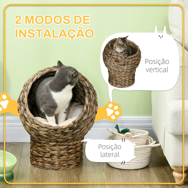 Cama para Gatos de Fibra Vegetal Caverna para Gatos Desmontável com Almofada Amovível 42x33x52 cm Marrom Escuro e Bege