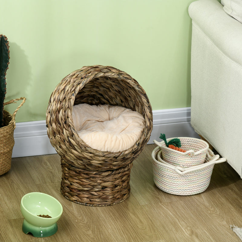 Cama para Gatos de Fibra Vegetal Caverna para Gatos Desmontável com Almofada Amovível 42x33x52 cm Marrom Escuro e Bege