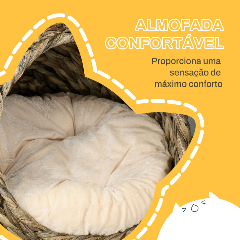 Cama para Gatos de Fibra Vegetal Caverna para Gatos Desmontável com Almofada Amovível 42x33x52 cm Marrom Escuro e Bege