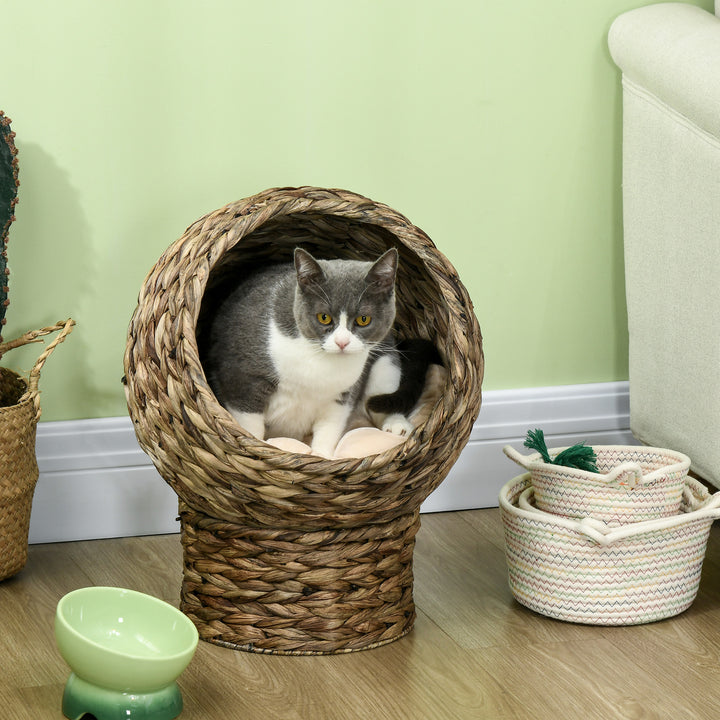 Cama para Gatos de Fibra Vegetal Caverna para Gatos Desmontável com Almofada Amovível 42x33x52 cm Marrom Escuro e Bege