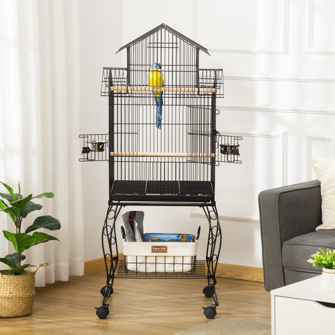 Gaiola para Pássaros com Rodas Gaiola Grande com Suporte 50x49x137 cm com Bandeja Amovível Portas Comedouro Poleiro e Prateleira Inferior para Canários Periquitos Preto