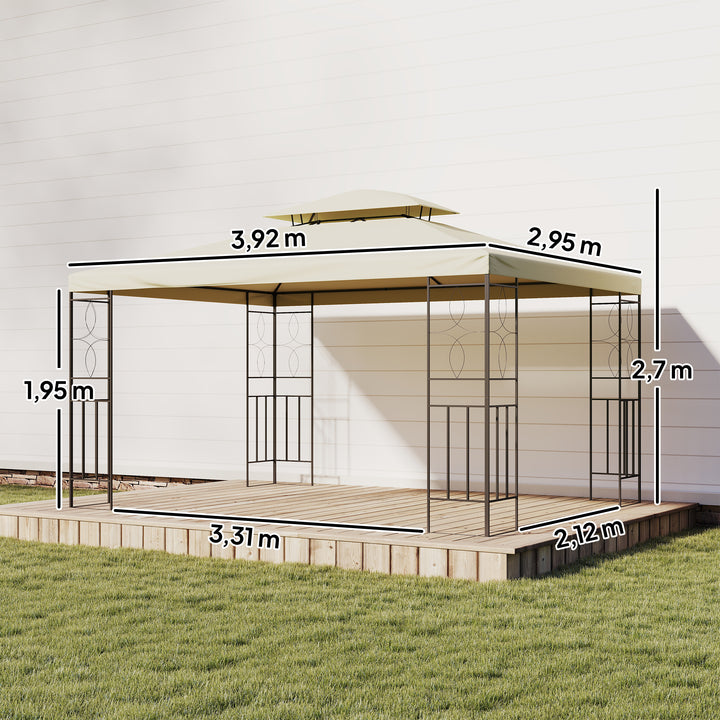 Pérgola de Jardim 4x3 m Toldo de Jardim com Telhado Duplo Estrutura de Aço, 8 Orifícios de Drenagem UPF30+ Tenda para Exterior Terraço Pátio Festas Branco Creme