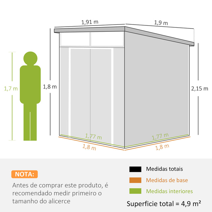 Abrigo de Jardim 3,24 m² 190x191x215 cm Abrigo Exterior com Porta de Correr e Trinco Janela e Ventilação para Armazenamento de Ferramentas Cinza Claro