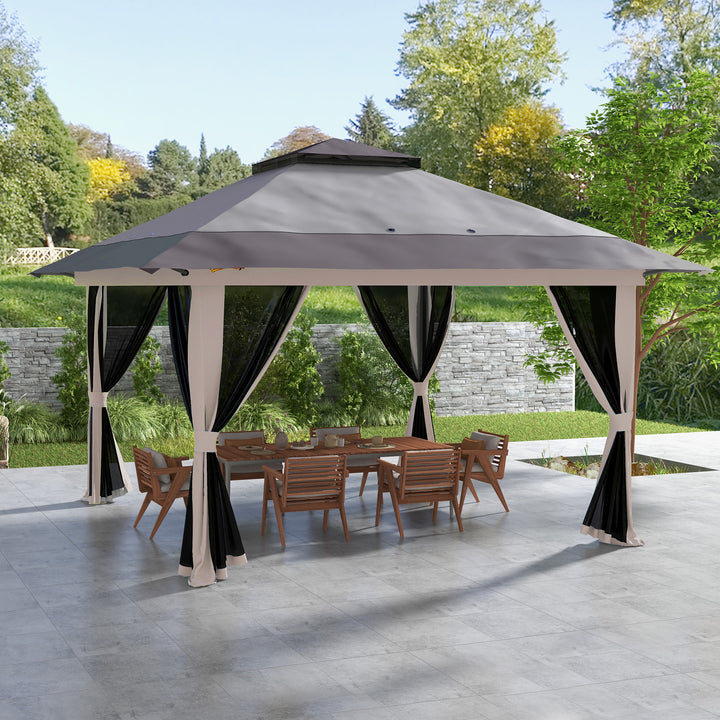 Tenda Dobrável Pop-up 4x4x2,8 m Tenda de Jardim com Altura Ajustável Anti-UV Impermeável Telhado Duplo Redes Mosquiteiras e Bolsa com Rodas para Exterior Festas Camping Cinzento Claro