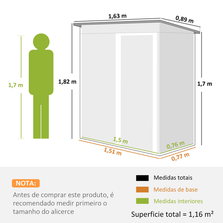 Abrigo de Jardim Exterior 1,5 m² 163x89x182 cm Abrigo Metálico para Ferramentas com Porta de Correr e Teto Inclinado para Pátio Verde