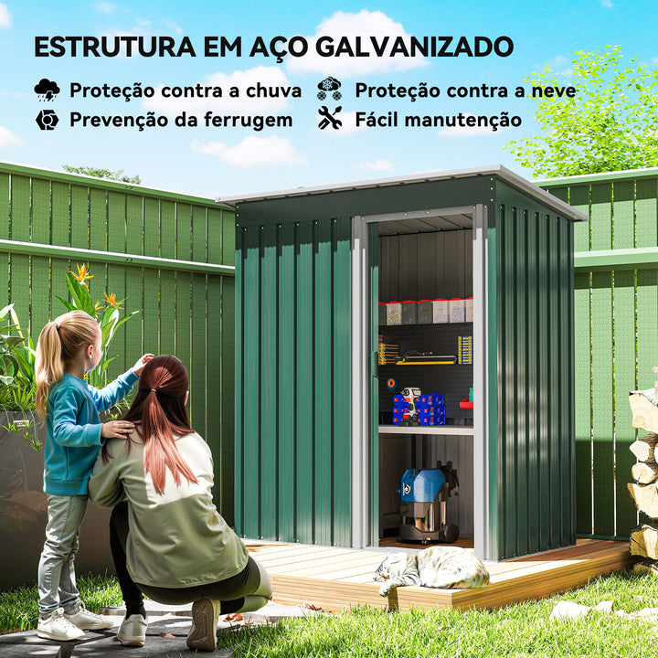Abrigo de Jardim Exterior 1,5 m² 163x89x182 cm Abrigo Metálico para Ferramentas com Porta de Correr e Teto Inclinado para Pátio Verde