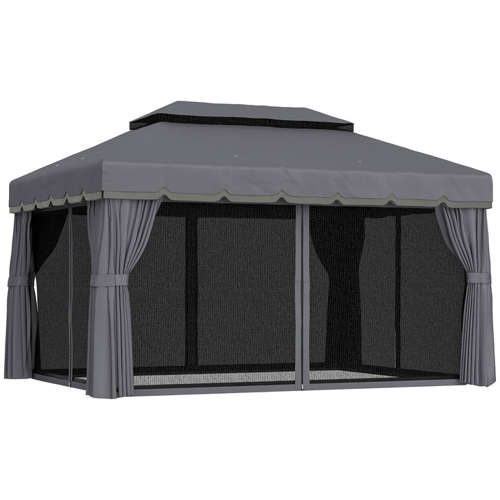 Pérgola de Jardim 390x290x270 cm Pérgola de Alumínio com Teto com Ventilação 4 Cortinas Laterais 4 Telas Mosquiteiras e 8 Orifícios de Drenagem para Festas Eventos Exterior Cinza