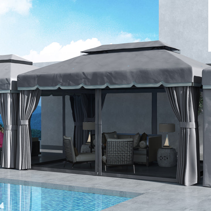 Pérgola de Jardim 390x290x270 cm Pérgola de Alumínio com Teto com Ventilação 4 Cortinas Laterais 4 Telas Mosquiteiras e 8 Orifícios de Drenagem para Festas Eventos Exterior Cinza