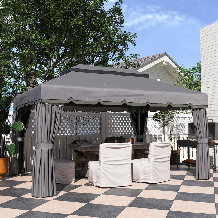 Pérgola de Jardim 390x290x270 cm Pérgola de Alumínio com Teto com Ventilação 4 Cortinas Laterais 4 Telas Mosquiteiras e 8 Orifícios de Drenagem para Festas Eventos Exterior Cinza
