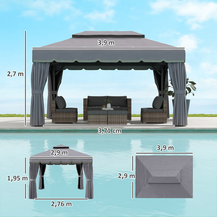 Pérgola de Jardim 390x290x270 cm Pérgola de Alumínio com Teto com Ventilação 4 Cortinas Laterais 4 Telas Mosquiteiras e 8 Orifícios de Drenagem para Festas Eventos Exterior Cinza