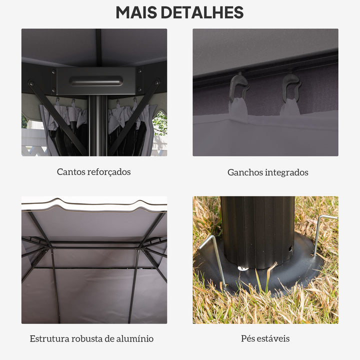 Pérgola de Jardim 390x290x270 cm Pérgola de Alumínio com Teto com Ventilação 4 Cortinas Laterais 4 Telas Mosquiteiras e 8 Orifícios de Drenagem para Festas Eventos Exterior Cinza