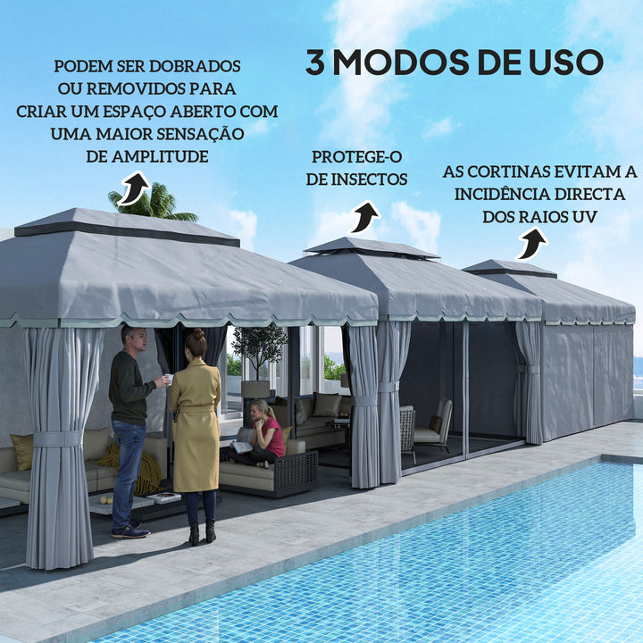 Pérgola de Jardim 390x290x270 cm Pérgola de Alumínio com Teto com Ventilação 4 Cortinas Laterais 4 Telas Mosquiteiras e 8 Orifícios de Drenagem para Festas Eventos Exterior Cinza