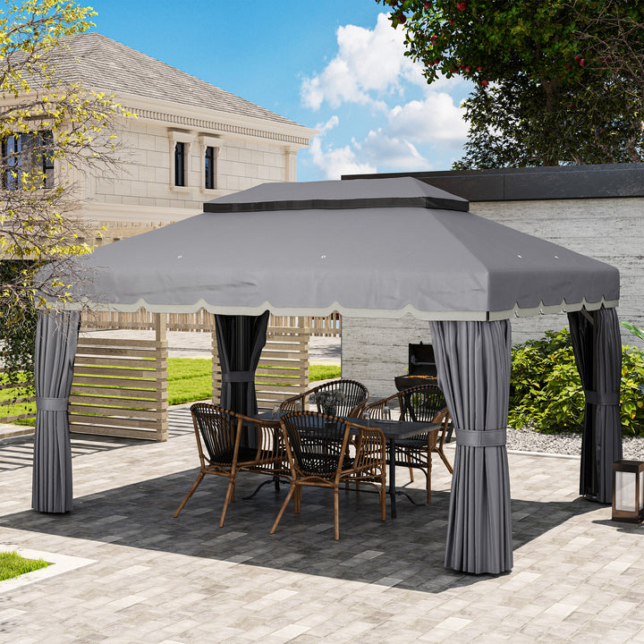 Pérgola de Jardim 390x290x270 cm Pérgola de Alumínio com Teto com Ventilação 4 Cortinas Laterais 4 Telas Mosquiteiras e 8 Orifícios de Drenagem para Festas Eventos Exterior Cinza