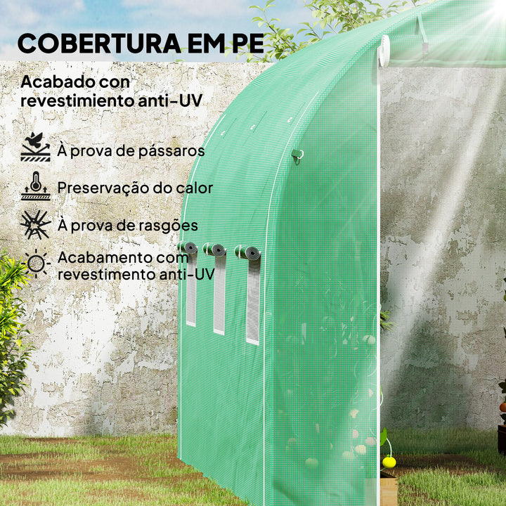 Estufa Tipo Túnel 296x196x200 cm Estufa de Jardim com 3 Portas e 6 Janelas Enroláveis Estufa com Teto Curvo para Cultivo de Plantas Flores Verde