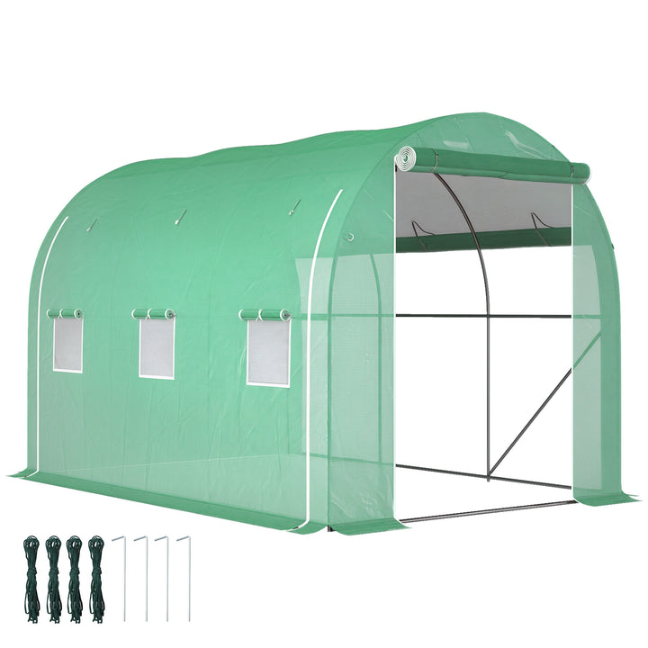 Estufa Tipo Túnel 296x196x200 cm Estufa de Jardim com 3 Portas e 6 Janelas Enroláveis Estufa com Teto Curvo para Cultivo de Plantas Flores Verde