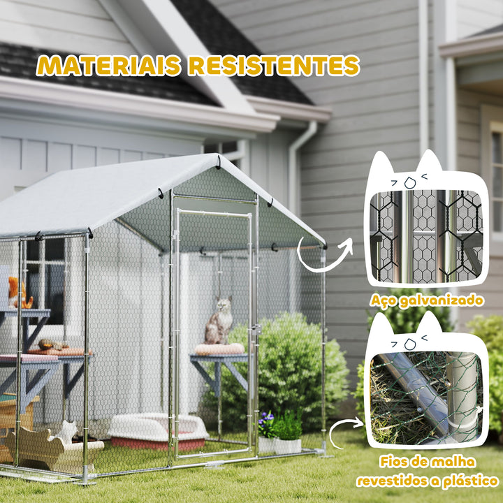Gaiola para Gatos de Exterior Recinto para Gatos com Cobertura Impermeável 420D Plataformas para 5 Gatos Refúgio para Galinhas Coelhos 200x170x195 cm Prata