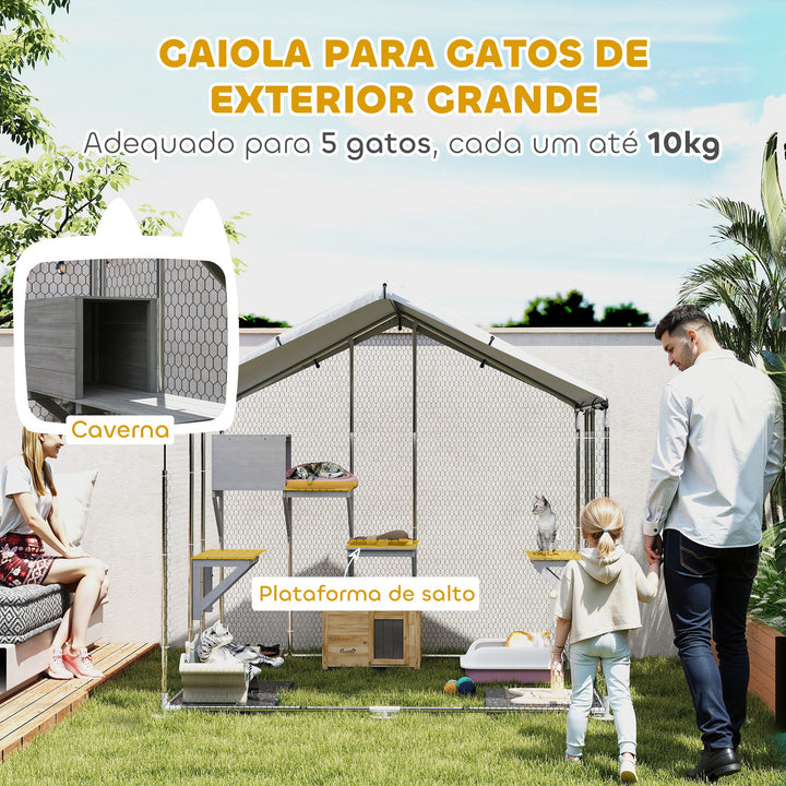 Gaiola para Gatos de Exterior Recinto para Gatos com Cobertura Impermeável 420D Plataformas para 5 Gatos Refúgio para Galinhas Coelhos 200x170x195 cm Prata