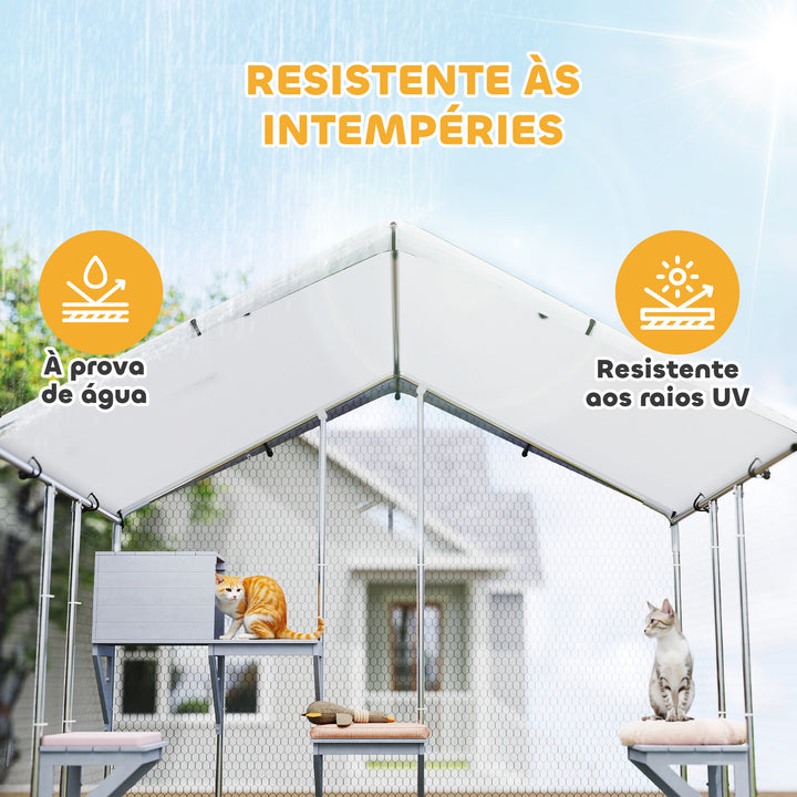 Gaiola para Gatos de Exterior Recinto para Gatos com Cobertura Impermeável 420D Plataformas para 5 Gatos Refúgio para Galinhas Coelhos 200x170x195 cm Prata
