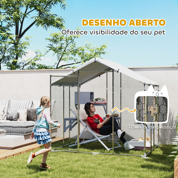 Gaiola para Gatos de Exterior Recinto para Gatos com Cobertura Impermeável 420D Plataformas para 5 Gatos Refúgio para Galinhas Coelhos 200x170x195 cm Prata