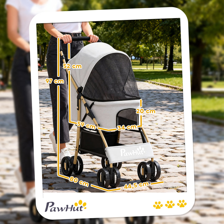 Carrinho para Cães Dobrável com Capota Ajustável Cesta de Armazenamento e Corda de Segurança para Animais de Estimação até 15 kg, 80x44,5x97 cm Cinzento Claro
