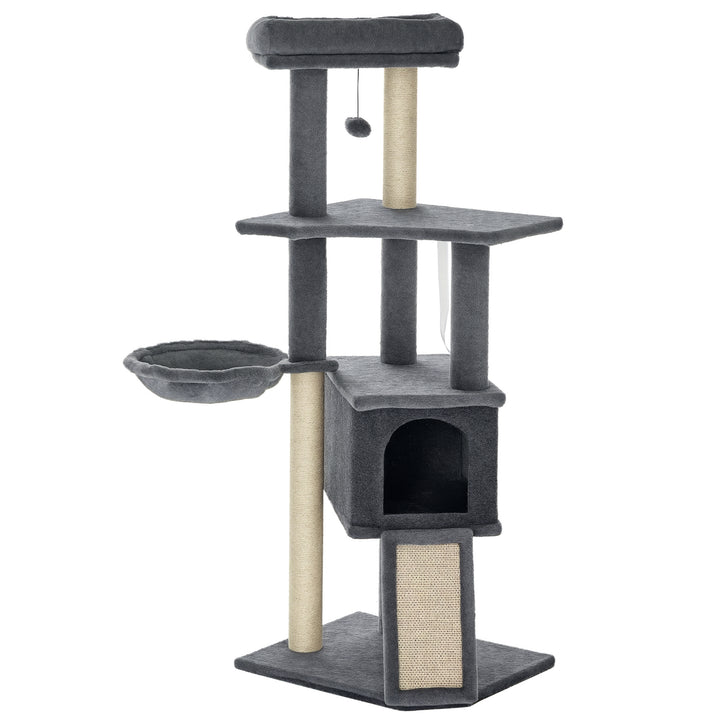 Arranhador para Gatos 127 cm Torre Escalador com Caverna Rede Cama Plataformas Rampa de Sisal Bola Pendurada Cinza