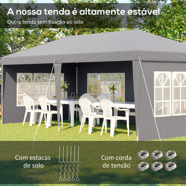 Tenda Dobrável 585x295x270 cm com 4 Paredes Laterais Amovíveis Tenda de Jardim com 4 Janelas e Bolsa de Transporte para Pátio Exterior Cinzento