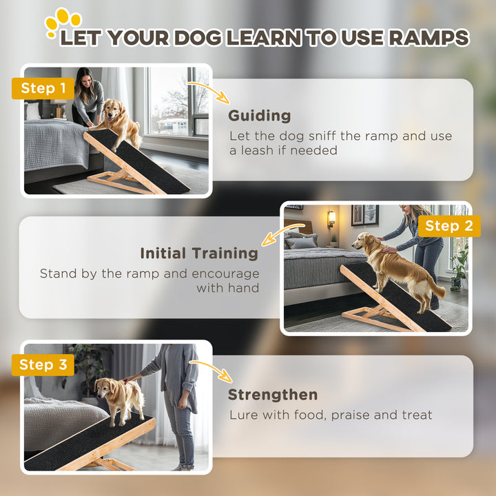 Rampa Dobrável para Cães e Gatos de Madeira com Altura Ajustável de 4 Níveis e Tapete Antiderrapante Escada para Animais de estimação para Cama Sofá 90x40x61cm Natural e Preto