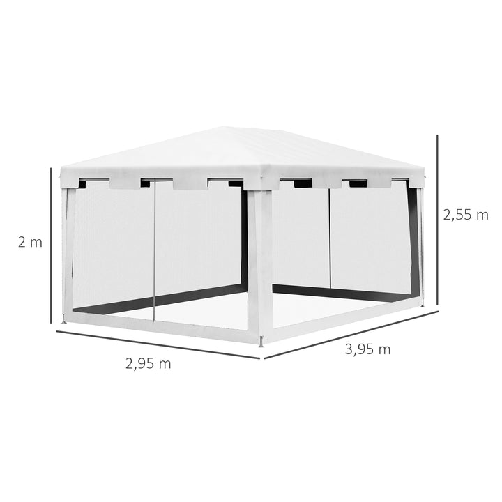Tenda de Jardim 4x3 m Tenda Desmontável de Exterior com 4 Mosqueteiras Laterais 2 Portas com Fecho de Correr e 8 Orifícios de Drenagem para Pátio Praia Branco