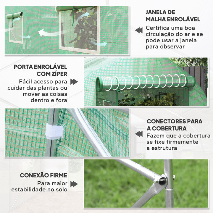 Estufa de Jardim 400x200x200cm Tipo Túnel com 6 Janelas Transpiráveis e Portas Enrolável com Zíper para Cultivo de Plantas e Verduras Verde